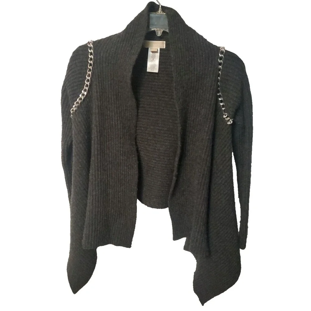 Michael Kors Gray Sweater 100% Lamb Wool Silver Chain Details Long Sleeve XS